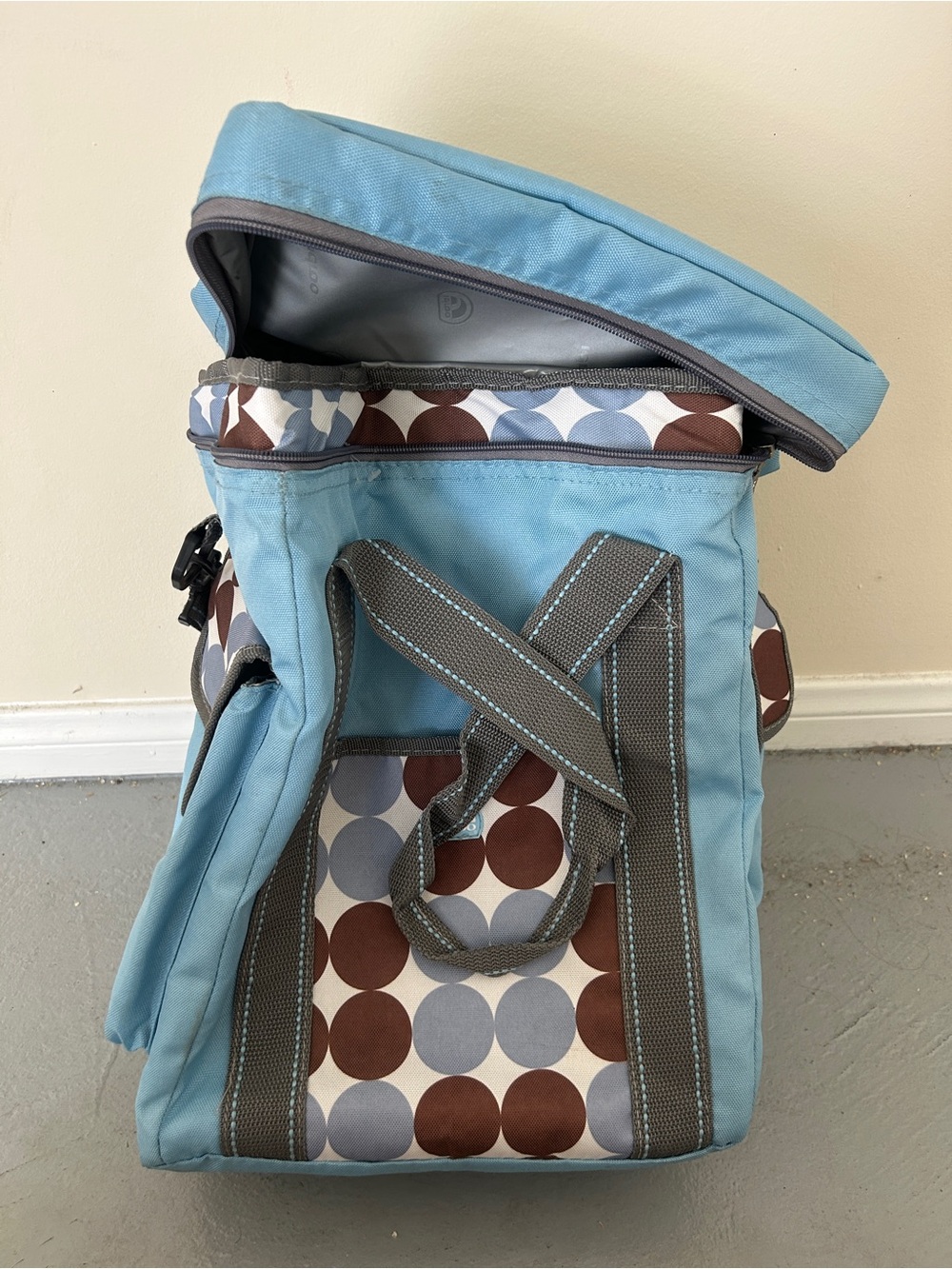 Light Blue Men's Toiletry Bag with Brown & Gray Dot Panels